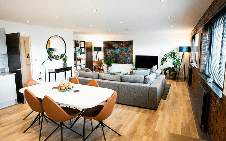 Modern living room, wood style flooring with modern furnishing