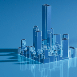 Digital 3D wireframe model of a futuristic city skyline, featuring tall skyscrapers and a minimalist, transparent design.