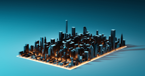 Futuristic 3D model of a cityscape with glowing edges, representing modern urban development and technology in a minimalist design.