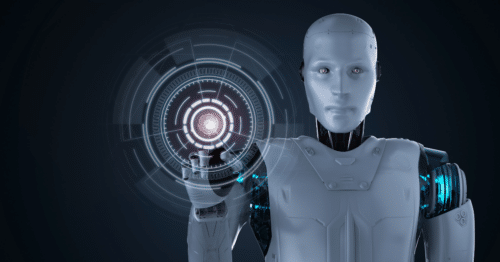 Futuristic humanoid robot interacting with a glowing digital interface, showcasing advanced AI technology and a sleek, metallic design.