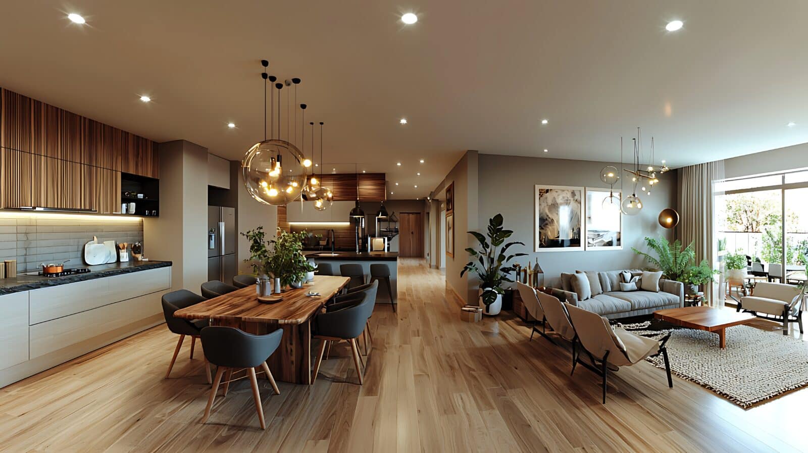 A sleek open-plan living area with a dining space and kitchen creates a warm, inviting environment.